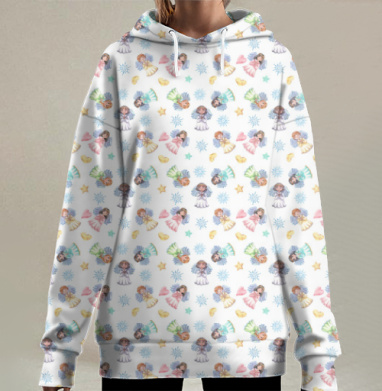 Ангелочки в полете среди звезд и снежинок для детского оформления, Hoodie Long Oversize 3D