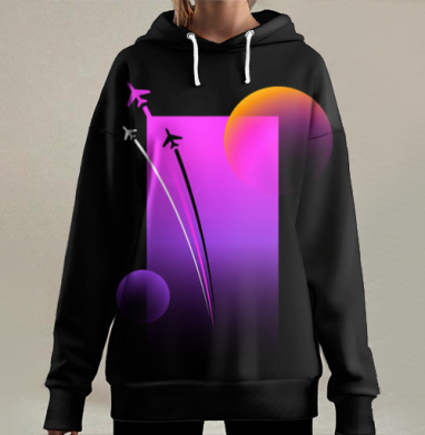 Яркий взлет самолетов на фоне фиолетового неба, Hoodie Long Oversize 3D