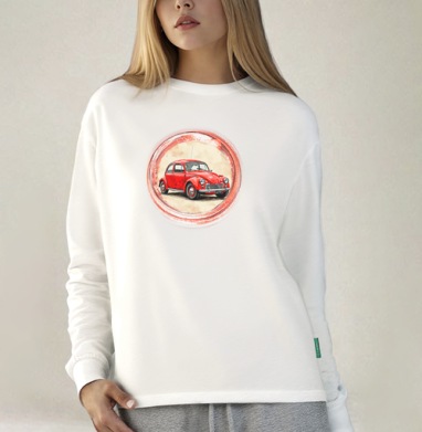Винтажный красный жук Red Retro Car ретро автомобиль акварель, Футболка лонгслив женская белая