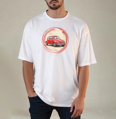 Винтажный красный жук Red Retro Car ретро автомобиль акварель, Футболка / Мужчинам / Оверсайз / Белая / C принтом