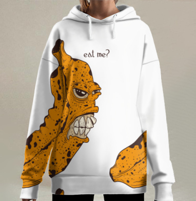 Оранжевый банан с зубами и надписью на светлом фоне, Hoodie Long Oversize 3D
