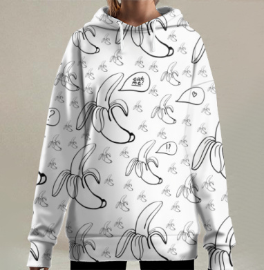Игривый банановый узор с текстовыми облачками, Hoodie Long Oversize 3D