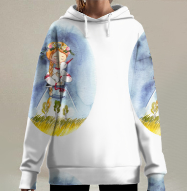 Девушка с аистом в белорусской одежде на фоне неба, Hoodie Long Oversize 3D
