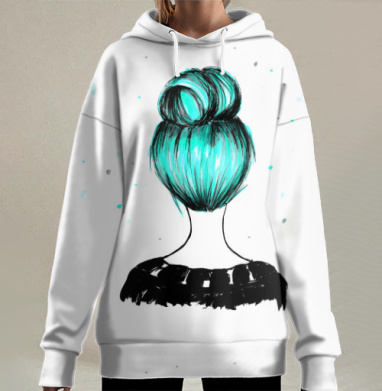 Девушка с бирюзовым пучком волос без лица на белом фоне, Hoodie Long Oversize 3D