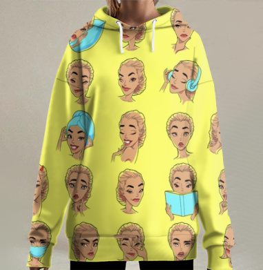 Блондинка эмоции, желтый фон, Hoodie Long Oversize 3D