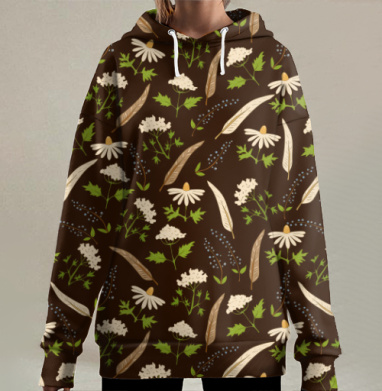Ботанический  ретро паттерн, Hoodie Long Oversize 3D