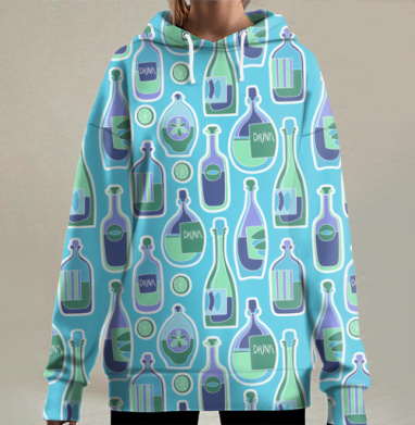 Весёлый летний узор с бутылками и дольками лимона, Hoodie Long Oversize 3D
