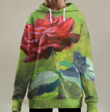 Красная роза в зелёной естественной среде живописи темперой, Hoodie Long Oversize 3D