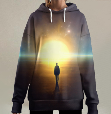 Человек на фоне сияющего света света света, Hoodie Long Oversize 3D