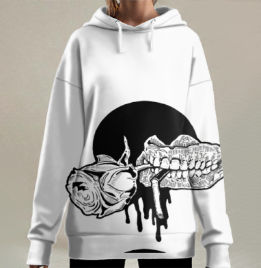 Челюсть с розой и сигаретой реалистичная графика, Hoodie Long Oversize 3D