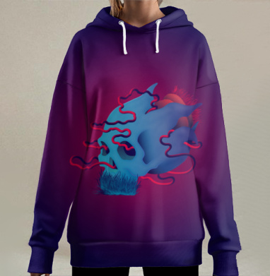 Череп-цветок синий, Hoodie Long Oversize 3D