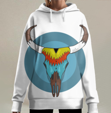 Череп быка в мексиканском стиле сине голубой фоне, Hoodie Long Oversize 3D