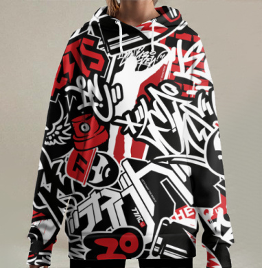 Чёрное красное белое, Hoodie Long Oversize 3D