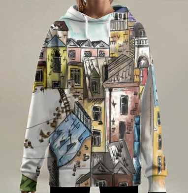 Живописный акварельный городской квартал, Hoodie Long Oversize 3D