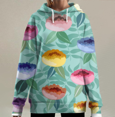 Роскошные Пестрые Цветы На Зеленом Фоне, Hoodie Long Oversize 3D