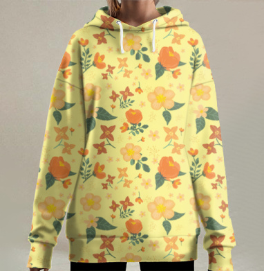 Цветочный паттерн желтый, Hoodie Long Oversize 3D