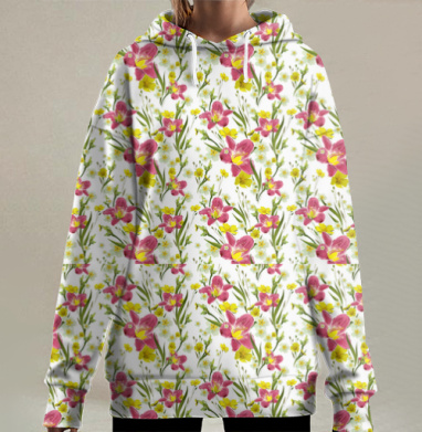 Ярко розовые садовые лилии с желтыми цветами на белом фоне, Hoodie Long Oversize 3D