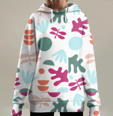 Абстрактные цветы и фрукты серый фон легкость, Hoodie Long Oversize 3D