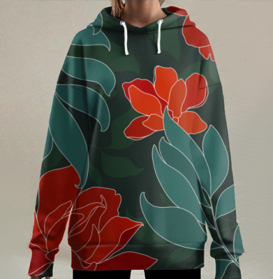 Красные цветы и сине зеленые листья на темном фоне, Hoodie Long Oversize 3D