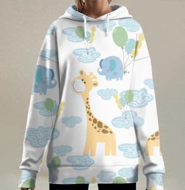 Веселый слон и жираф с воздушными шарами летают в небе, Hoodie Long Oversize 3D