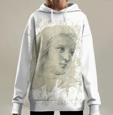 Классический портрет молодой женщины графика карандашом монохром, Hoodie Long Oversize 3D