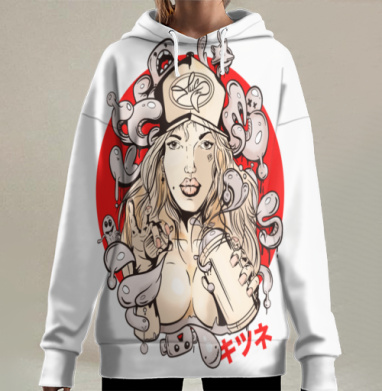 Девушка с баллончиком и мотивы Кицунэ в стиле уличного искусства, Hoodie Long Oversize 3D