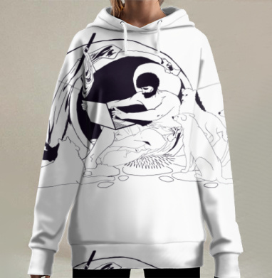 Человек с ноутбуком и собаками в природе синий черный фон, Hoodie Long Oversize 3D