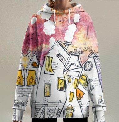 Домики на закате, розовое небо, городской пейзаж, акварель, Hoodie Long Oversize 3D
