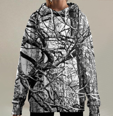 Монохромное изображение дикой природы — переплетение ветвей, Hoodie Long Oversize 3D
