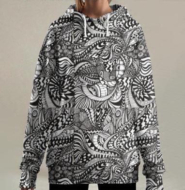 Абстрактный зентангл с черно-белыми узорами, Hoodie Long Oversize 3D
