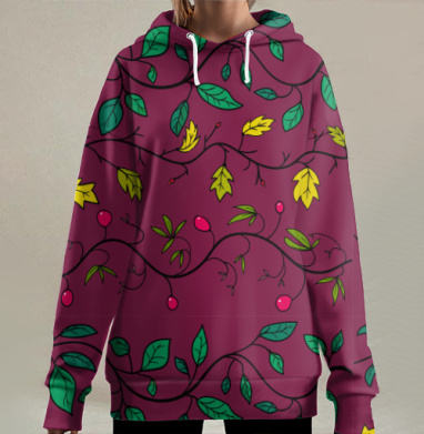 Зеленые и желтые листья с красными ягодами на темном фоне, Hoodie Long Oversize 3D