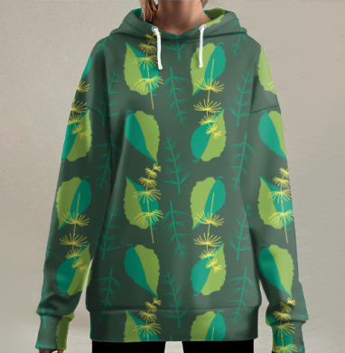 Зеленая гармония листьев и трав на темном фоне, Hoodie Long Oversize 3D