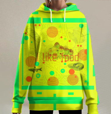 Яркая коллажная композиция с надписью I like food, Hoodie Long Oversize 3D