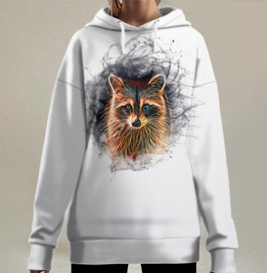 Мощный енот с рыжеватыми оттенками и графическим фоном, Hoodie Long Oversize 3D