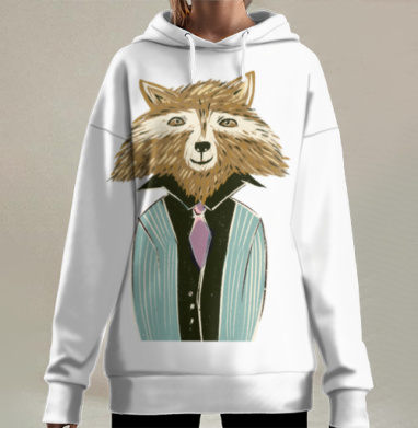 Енот в деловом костюме интеллигент на светлом фоне, Hoodie Long Oversize 3D