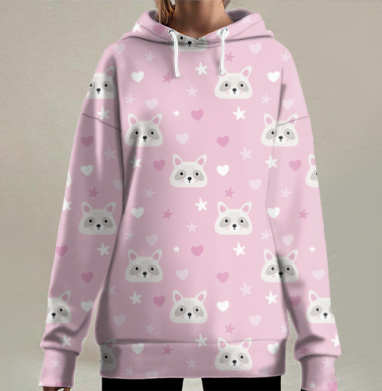 Милые енотики с сердечками и звездочками на розовом фоне, Hoodie Long Oversize 3D