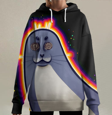 Морской котик с гипнотическими глазами и радужной каймой, Hoodie Long Oversize 3D