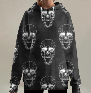 Готический узор с черепами в черно-белой гамме, Hoodie Long Oversize 3D