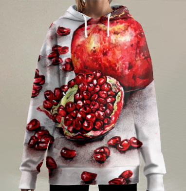 Натуральный спелый гранат сочные зерна красный насыщенный, Hoodie Long Oversize 3D