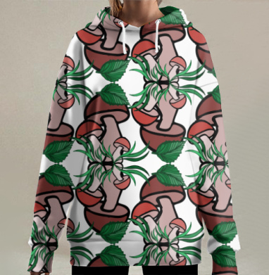 Декоративные коричневые грибы с зелеными листьями на сером фоне, Hoodie Long Oversize 3D
