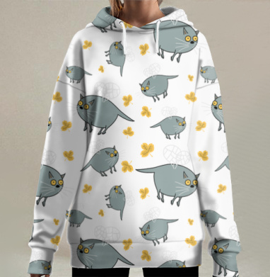 Забавный Кот С Большими Глазами Жёлтыми Листьями, Hoodie Long Oversize 3D