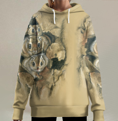 Три зверька выглядывают из дупла дерева Три зверька, Hoodie Long Oversize 3D