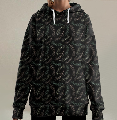Пастельные веточки на черном фоне легкая графика, Hoodie Long Oversize 3D
