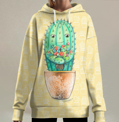 Кактус с цветами, Hoodie Long Oversize 3D