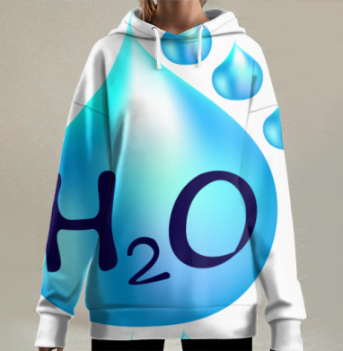 Голубая капля воды с формулой воды на фоне воды, Hoodie Long Oversize 3D