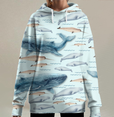 Киты Белуха Нарвал Морские Животные в Лиловом Цвете, Hoodie Long Oversize 3D