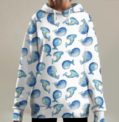 Акварельные киты в кругу гармонии и мира, Hoodie Long Oversize 3D
