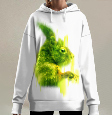 Зеленая белка цифровой арт с глитч эффектом, Hoodie Long Oversize 3D