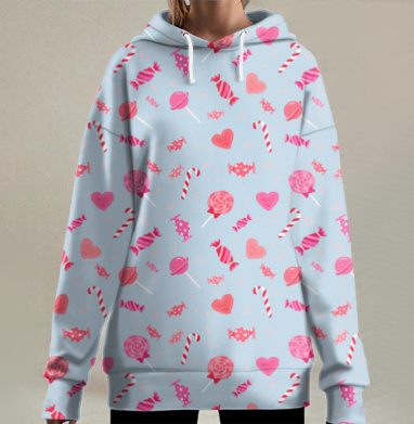 Конфетный узор голубой, Hoodie Long Oversize 3D