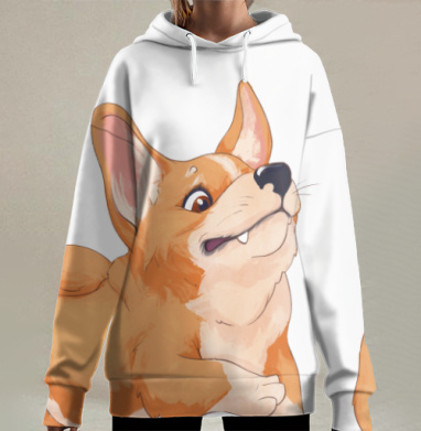 Веселый корги прыгает на сером фоне, Hoodie Long Oversize 3D